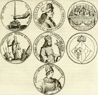 An illustration from Aquila Austriaca, sub qua imperatores Austriaci ab Alberto II honorifico vsquè ad Ferdinandum III & IV Occidentis imperatorem L : elogiis, hieroglyphicis, numismatibus, insignibus, symbolis, imaginibus antiquis ad viuum exhibentur exculpti, & longa historiarum serie exarati : vt nihil relictum sit, quod prisci vel hodierni habeant annales, sed diplomata, leges, indulta, genealogiae, donationes, priuilegia offeruntur congesta : inseruntur et regum principumque imagines, nummi honorarij, castrenses, triumphales, votiui, missiles, &c. qui sanguine, foedere, bello imperatoribus iuncti, occurrunt in opere : subijcitur cuique caesarum appendix symbolica, sacrolegalis, & historicopolitica, in qua symbolis & hieroglyphicis, aere affabrè exculptis, pinguntur, & explanantur (1679)