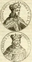 An illustration from Aquila Austriaca, sub qua imperatores Austriaci ab Alberto II honorifico vsquè ad Ferdinandum III & IV Occidentis imperatorem L : elogiis, hieroglyphicis, numismatibus, insignibus, symbolis, imaginibus antiquis ad viuum exhibentur exculpti, & longa historiarum serie exarati : vt nihil relictum sit, quod prisci vel hodierni habeant annales, sed diplomata, leges, indulta, genealogiae, donationes, priuilegia offeruntur congesta : inseruntur et regum principumque imagines, nummi honorarij, castrenses, triumphales, votiui, missiles, &c. qui sanguine, foedere, bello imperatoribus iuncti, occurrunt in opere : subijcitur cuique caesarum appendix symbolica, sacrolegalis, & historicopolitica, in qua symbolis & hieroglyphicis, aere affabrè exculptis, pinguntur, & explanantur (1679)