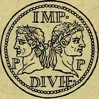 An illustration from Avgvstarvm imagines aereis formis expressae : vitae quoque carundem breuiter enarratae, signorum etiam, quae in posteriori parte numismatũ efficta sũt, ratio explicata (1558)