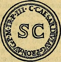 An illustration from Avgvstarvm imagines aereis formis expressae : vitae quoque carundem breuiter enarratae, signorum etiam, quae in posteriori parte numismatũ efficta sũt, ratio explicata (1558)