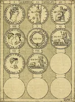 An illustration from Avgvstarvm imagines aereis formis expressae : vitae quoque carundem breuiter enarratae, signorum etiam, quae in posteriori parte numismatũ efficta sũt, ratio explicata (1558)