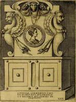 An illustration from Avgvstarvm imagines aereis formis expressae : vitae quoque carundem breuiter enarratae, signorum etiam, quae in posteriori parte numismatũ efficta sũt, ratio explicata (1558)
