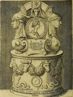 An illustration from Avgvstarvm imagines aereis formis expressae : vitae quoque carundem breuiter enarratae, signorum etiam, quae in posteriori parte numismatũ efficta sũt, ratio explicata (1558)