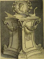 An illustration from Avgvstarvm imagines aereis formis expressae : vitae quoque carundem breuiter enarratae, signorum etiam, quae in posteriori parte numismatũ efficta sũt, ratio explicata (1558)