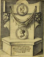 An illustration from Avgvstarvm imagines aereis formis expressae : vitae quoque carundem breuiter enarratae, signorum etiam, quae in posteriori parte numismatũ efficta sũt, ratio explicata (1558)