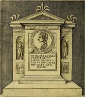 An illustration from Avgvstarvm imagines aereis formis expressae : vitae quoque carundem breuiter enarratae, signorum etiam, quae in posteriori parte numismatũ efficta sũt, ratio explicata (1558)