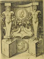 An illustration from Avgvstarvm imagines aereis formis expressae : vitae quoque carundem breuiter enarratae, signorum etiam, quae in posteriori parte numismatũ efficta sũt, ratio explicata (1558)