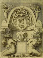 An illustration from Avgvstarvm imagines aereis formis expressae : vitae quoque carundem breuiter enarratae, signorum etiam, quae in posteriori parte numismatũ efficta sũt, ratio explicata (1558)