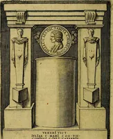 An illustration from Avgvstarvm imagines aereis formis expressae : vitae quoque carundem breuiter enarratae, signorum etiam, quae in posteriori parte numismatũ efficta sũt, ratio explicata (1558)