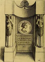 An illustration from Avgvstarvm imagines aereis formis expressae : vitae quoque carundem breuiter enarratae, signorum etiam, quae in posteriori parte numismatũ efficta sũt, ratio explicata (1558)