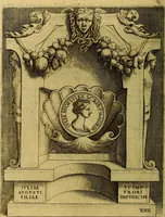 An illustration from Avgvstarvm imagines aereis formis expressae : vitae quoque carundem breuiter enarratae, signorum etiam, quae in posteriori parte numismatũ efficta sũt, ratio explicata (1558)