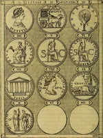 An illustration from Avgvstarvm imagines aereis formis expressae : vitae quoque carundem breuiter enarratae, signorum etiam, quae in posteriori parte numismatũ efficta sũt, ratio explicata (1558)