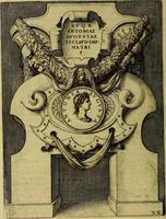 An illustration from Avgvstarvm imagines aereis formis expressae : vitae quoque carundem breuiter enarratae, signorum etiam, quae in posteriori parte numismatũ efficta sũt, ratio explicata (1558)