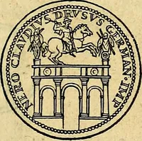 An illustration from Avgvstarvm imagines aereis formis expressae : vitae quoque carundem breuiter enarratae, signorum etiam, quae in posteriori parte numismatũ efficta sũt, ratio explicata (1558)