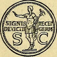 An illustration from Avgvstarvm imagines aereis formis expressae : vitae quoque carundem breuiter enarratae, signorum etiam, quae in posteriori parte numismatũ efficta sũt, ratio explicata (1558)