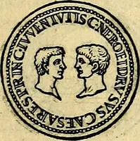 An illustration from Avgvstarvm imagines aereis formis expressae : vitae quoque carundem breuiter enarratae, signorum etiam, quae in posteriori parte numismatũ efficta sũt, ratio explicata (1558)