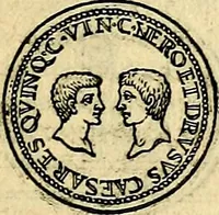 An illustration from Avgvstarvm imagines aereis formis expressae : vitae quoque carundem breuiter enarratae, signorum etiam, quae in posteriori parte numismatũ efficta sũt, ratio explicata (1558)