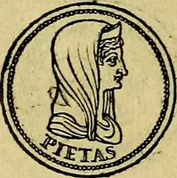 An illustration from Avgvstarvm imagines aereis formis expressae : vitae quoque carundem breuiter enarratae, signorum etiam, quae in posteriori parte numismatũ efficta sũt, ratio explicata (1558)