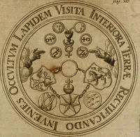 An illustration from Avrevm vellvs, oder, Guldin Schatz und Kunst-Kammer : darinnen der aller fürnemisten, fürtreffenlichsten, ausserlesenesten, herrlichisten und bewehrtesten Auctorum Schrifften und Bücher, aufs dem gar uralten Schatz der uberblibnen, verborgnen, hinderhaltenen Reliquien und Monumenten der Aegyptiorum, Arabum, Chaldaeorum & Assyriorum Königen und Weysen (1708)
