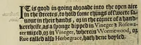 An illustration from Orders, thought meete by Her Maiestie, and her priuie Councell, to be executed throughout the counties of this realme, in such townes, villages, and other places, as are, or may be hereafter infected with the plague, for the stay of further increase of the same. Also, an aduise set downe vpon Her Maiesties expresse commaundement, by the best learned in physicke within this realme, contayning sundry good rules and easie medicines. Without charge to the meaner sort of people, aswell for the preseruation of her good subiects from the plague before infection, as for the curing and ordring of them after they shalbe infected (1578)