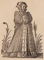 An illustration from Im Frauwenzimmer Wirt vermeldt von allerley schönen Kleidungen unnd Trachten der Weiber, hohes und niders Stands, wie Man fast an allen Orten geschmückt unnd gezieret ist ... Sampt einer kurtzen Beschreibung durch den wolgelehrten Thrasibulum Torrentinum Mutislariensem allen ehrliebenden Frauwen und Jungfrauwen zu ehren in Rheimem verfasst (1586)