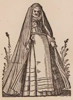 An illustration from Im Frauwenzimmer Wirt vermeldt von allerley schönen Kleidungen unnd Trachten der Weiber, hohes und niders Stands, wie Man fast an allen Orten geschmückt unnd gezieret ist ... Sampt einer kurtzen Beschreibung durch den wolgelehrten Thrasibulum Torrentinum Mutislariensem allen ehrliebenden Frauwen und Jungfrauwen zu ehren in Rheimem verfasst (1586)