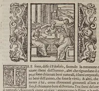 An illustration from Discorsi morali dell'eccellente S. Fabio Glissenti contra il dispiacer del morire, detto athanatophilia : diuisi in cinque dialoghi, occorsi in cinque giornate : ne'quali si discorre quanto ragioneuolmente si dourebbe desiderar la Morte, e come naturalmente la si uada fuggendo : con trenta vaghi, & vtili ragionamenti, come tante piaceuoli nouelle interposti : cauati da gli abusi del presente viuer mondano : et vn molto curioso trattato della pietra de' filosofi : adornati di bellissime figure, a' loro luoghi appropriate (1596)