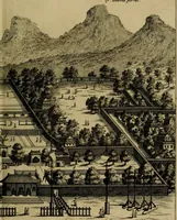 An illustration from Legatio Batavica ad magnum Tartariae chamum Sungteium, modernum Sinae imperatorem : historiarum narratione, quae legatis in provinciis Quantung, Kiangsi, Nanking, Xantung, Peking, & aula imperatoriâ ab anno 1655 ad annum 1657 obtigerunt, ut & ardua Sinensium in bello Tartarico fortunâ, provinciarum accurata geographia, urbium delineatione, nec non artis & naturae miraculis ex animalium, vegetabilium, mineralium genere per centum & quinquaginta aeneas figuras passim illustrata & conscripta vernacule (1668)