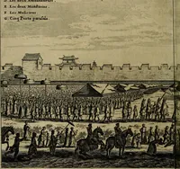 An illustration from Legatio Batavica ad magnum Tartariae chamum Sungteium, modernum Sinae imperatorem : historiarum narratione, quae legatis in provinciis Quantung, Kiangsi, Nanking, Xantung, Peking, & aula imperatoriâ ab anno 1655 ad annum 1657 obtigerunt, ut & ardua Sinensium in bello Tartarico fortunâ, provinciarum accurata geographia, urbium delineatione, nec non artis & naturae miraculis ex animalium, vegetabilium, mineralium genere per centum & quinquaginta aeneas figuras passim illustrata & conscripta vernacule (1668)