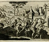 An illustration from Bellerophon, of, Lust tot wysheyt : door sinne-beelden leerlijck vertoont : waer by gevoegt zijn de vrolijcke stemmen, of, stichtige en vermaeckelijcke liedekens en dicten, genomen uyt de geoorolofde vrolickheyd, tot opweckinge der goede zeden : waer by noch konnen gebonden werden, het tweede deel Urania of hemel-sang, als mede het derde deel, Ghesang der Zeden, van den selfden auteur ... (1695)