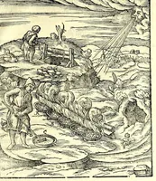 An illustration from Beschreibung allerfürnemisten mineralischen Ertzt vnnd Bergkwercks Arten : wie dieselbigen, vnd eine jede in Sonderheit jrer Natur und Eigenschafft nach, auff alle Metaln probirt vnd im kleinen Fewer sollen versucht werden : mit Erklärung etlicher fürnemer nützlichen Schmeltzwerck, im grossen Fewer auch Scheidung Goldts, Silbers, vnd anderer Metaln : sampt einem Bericht dess Kupffersaigerns, Messing brennens, vnd Salpeter siedens : auch aller saltzigen minerischen Proben, vnd was denen allen anhengig : in fünff Bücher verfast, dessgleichen zuuorn niemals in Druck kommen ... (1580)