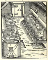 An illustration from Beschreibung allerfürnemisten mineralischen Ertzt vnnd Bergkwercks Arten : wie dieselbigen, vnd eine jede in Sonderheit jrer Natur und Eigenschafft nach, auff alle Metaln probirt vnd im kleinen Fewer sollen versucht werden : mit Erklärung etlicher fürnemer nützlichen Schmeltzwerck, im grossen Fewer auch Scheidung Goldts, Silbers, vnd anderer Metaln : sampt einem Bericht dess Kupffersaigerns, Messing brennens, vnd Salpeter siedens : auch aller saltzigen minerischen Proben, vnd was denen allen anhengig : in fünff Bücher verfast, dessgleichen zuuorn niemals in Druck kommen ... (1580)