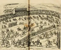 An illustration from Beschreibung derer fürstlicher güligscher &c. Hochzeit : so im Jahr Christi tausent fünffhundert achtzig fünff, am sechszehenden Junij vnd nechstfolgenden acht Tagen, zu Düsseldorff mit grossen Freuden, fürstlichen Triumph vnd Herrligkeit gehalten worden (1587)