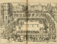 An illustration from Beschreibung derer fürstlicher güligscher &c. Hochzeit : so im Jahr Christi tausent fünffhundert achtzig fünff, am sechszehenden Junij vnd nechstfolgenden acht Tagen, zu Düsseldorff mit grossen Freuden, fürstlichen Triumph vnd Herrligkeit gehalten worden (1587)