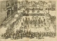 An illustration from Beschreibung derer fürstlicher güligscher &c. Hochzeit : so im Jahr Christi tausent fünffhundert achtzig fünff, am sechszehenden Junij vnd nechstfolgenden acht Tagen, zu Düsseldorff mit grossen Freuden, fürstlichen Triumph vnd Herrligkeit gehalten worden (1587)