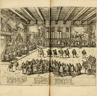 An illustration from Beschreibung derer fürstlicher güligscher &c. Hochzeit : so im Jahr Christi tausent fünffhundert achtzig fünff, am sechszehenden Junij vnd nechstfolgenden acht Tagen, zu Düsseldorff mit grossen Freuden, fürstlichen Triumph vnd Herrligkeit gehalten worden (1587)