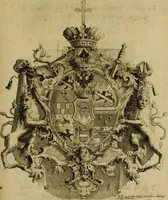 An illustration from Beschreibung des fürtreflichen Gemähld- und Bilder-Schatzes, welcher in denen hochgräflichen Schlössern und Gebäuen deren Reichs-Grafen von Schönborn, Bucheim, Wolfstahl &c., sowohl in dem Heil. Röm. Reich, als in dem Ertz-Hertzogthum Oesterreich zu ersehen und zu finden : samt einer Beschreibung deren Sachen und Authoren, wie auch einem treu-gehorsamsten Neu-Jahrs-Wunsch : nebst anderen verschiedenen Teutschen und Lateinischen Lob-Reimen historicè, genealogicè, & heraldicè verfasset, und durch besonderen Fleiss eingetheilet zu ehren und ewigen Nach-Ruhm des Hochgräfl. Hauses von Schönborn, Bucheim, Wolfsthal, &c. (1746)