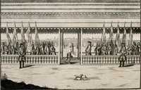 An illustration from Beschreibung des Haubt- und Frey-Schiessen, : welches von Ihro Kayser- und Königl. Catholischen Majestät Carolo Sexto, wegen erfreulichster Geburt, Leopoldi, dero Erst-Gebohrnen Ertz-Hertzogens zu Oesterreich, und Printzens von Asturien, der Wiennerischen Burgerschafft gegenem worden (1716)