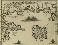 An illustration from Naukeurige beschryving der eilanden, in de archipel der Middelantsche zee, en ontrent dezelve, gelegen : waer onder de voornaemste Cyprus, Rhodus, Kandien, Samos, Scio, Negroponte, Lemnos, Paros, Delos, Patmos, en andere in groten getale, behelzende der zelver benamingen, gelegentheden, steden, kastelen, gedenkwaerdige aeloude en hedendaeghse geschiedenissen, bestieringen, veroveringen, gewassen, dieren, &c. : verrijkt met zee- en eilant-kaerten, en afbeeldingen van steden, dieren, gewassen &c. (1688)