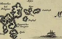 An illustration from Naukeurige beschryving der eilanden, in de archipel der Middelantsche zee, en ontrent dezelve, gelegen : waer onder de voornaemste Cyprus, Rhodus, Kandien, Samos, Scio, Negroponte, Lemnos, Paros, Delos, Patmos, en andere in groten getale, behelzende der zelver benamingen, gelegentheden, steden, kastelen, gedenkwaerdige aeloude en hedendaeghse geschiedenissen, bestieringen, veroveringen, gewassen, dieren, &c. : verrijkt met zee- en eilant-kaerten, en afbeeldingen van steden, dieren, gewassen &c. (1688)