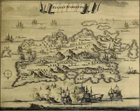 An illustration from Naukeurige beschryving der eilanden, in de archipel der Middelantsche zee, en ontrent dezelve, gelegen : waer onder de voornaemste Cyprus, Rhodus, Kandien, Samos, Scio, Negroponte, Lemnos, Paros, Delos, Patmos, en andere in groten getale, behelzende der zelver benamingen, gelegentheden, steden, kastelen, gedenkwaerdige aeloude en hedendaeghse geschiedenissen, bestieringen, veroveringen, gewassen, dieren, &c. : verrijkt met zee- en eilant-kaerten, en afbeeldingen van steden, dieren, gewassen &c. (1688)