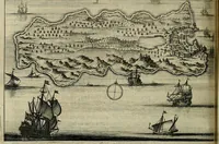 An illustration from Naukeurige beschryving der eilanden, in de archipel der Middelantsche zee, en ontrent dezelve, gelegen : waer onder de voornaemste Cyprus, Rhodus, Kandien, Samos, Scio, Negroponte, Lemnos, Paros, Delos, Patmos, en andere in groten getale, behelzende der zelver benamingen, gelegentheden, steden, kastelen, gedenkwaerdige aeloude en hedendaeghse geschiedenissen, bestieringen, veroveringen, gewassen, dieren, &c. : verrijkt met zee- en eilant-kaerten, en afbeeldingen van steden, dieren, gewassen &c. (1688)