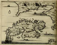 An illustration from Naukeurige beschryving der eilanden, in de archipel der Middelantsche zee, en ontrent dezelve, gelegen : waer onder de voornaemste Cyprus, Rhodus, Kandien, Samos, Scio, Negroponte, Lemnos, Paros, Delos, Patmos, en andere in groten getale, behelzende der zelver benamingen, gelegentheden, steden, kastelen, gedenkwaerdige aeloude en hedendaeghse geschiedenissen, bestieringen, veroveringen, gewassen, dieren, &c. : verrijkt met zee- en eilant-kaerten, en afbeeldingen van steden, dieren, gewassen &c. (1688)