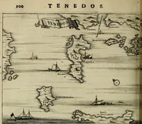 An illustration from Naukeurige beschryving der eilanden, in de archipel der Middelantsche zee, en ontrent dezelve, gelegen : waer onder de voornaemste Cyprus, Rhodus, Kandien, Samos, Scio, Negroponte, Lemnos, Paros, Delos, Patmos, en andere in groten getale, behelzende der zelver benamingen, gelegentheden, steden, kastelen, gedenkwaerdige aeloude en hedendaeghse geschiedenissen, bestieringen, veroveringen, gewassen, dieren, &c. : verrijkt met zee- en eilant-kaerten, en afbeeldingen van steden, dieren, gewassen &c. (1688)