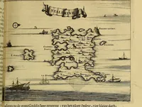 An illustration from Naukeurige beschryving der eilanden, in de archipel der Middelantsche zee, en ontrent dezelve, gelegen : waer onder de voornaemste Cyprus, Rhodus, Kandien, Samos, Scio, Negroponte, Lemnos, Paros, Delos, Patmos, en andere in groten getale, behelzende der zelver benamingen, gelegentheden, steden, kastelen, gedenkwaerdige aeloude en hedendaeghse geschiedenissen, bestieringen, veroveringen, gewassen, dieren, &c. : verrijkt met zee- en eilant-kaerten, en afbeeldingen van steden, dieren, gewassen &c. (1688)