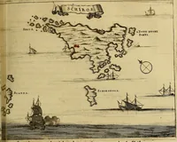An illustration from Naukeurige beschryving der eilanden, in de archipel der Middelantsche zee, en ontrent dezelve, gelegen : waer onder de voornaemste Cyprus, Rhodus, Kandien, Samos, Scio, Negroponte, Lemnos, Paros, Delos, Patmos, en andere in groten getale, behelzende der zelver benamingen, gelegentheden, steden, kastelen, gedenkwaerdige aeloude en hedendaeghse geschiedenissen, bestieringen, veroveringen, gewassen, dieren, &c. : verrijkt met zee- en eilant-kaerten, en afbeeldingen van steden, dieren, gewassen &c. (1688)
