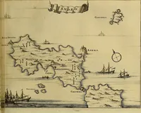 An illustration from Naukeurige beschryving der eilanden, in de archipel der Middelantsche zee, en ontrent dezelve, gelegen : waer onder de voornaemste Cyprus, Rhodus, Kandien, Samos, Scio, Negroponte, Lemnos, Paros, Delos, Patmos, en andere in groten getale, behelzende der zelver benamingen, gelegentheden, steden, kastelen, gedenkwaerdige aeloude en hedendaeghse geschiedenissen, bestieringen, veroveringen, gewassen, dieren, &c. : verrijkt met zee- en eilant-kaerten, en afbeeldingen van steden, dieren, gewassen &c. (1688)