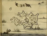 An illustration from Naukeurige beschryving der eilanden, in de archipel der Middelantsche zee, en ontrent dezelve, gelegen : waer onder de voornaemste Cyprus, Rhodus, Kandien, Samos, Scio, Negroponte, Lemnos, Paros, Delos, Patmos, en andere in groten getale, behelzende der zelver benamingen, gelegentheden, steden, kastelen, gedenkwaerdige aeloude en hedendaeghse geschiedenissen, bestieringen, veroveringen, gewassen, dieren, &c. : verrijkt met zee- en eilant-kaerten, en afbeeldingen van steden, dieren, gewassen &c. (1688)