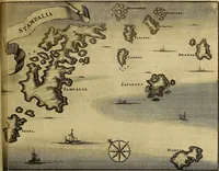 An illustration from Naukeurige beschryving der eilanden, in de archipel der Middelantsche zee, en ontrent dezelve, gelegen : waer onder de voornaemste Cyprus, Rhodus, Kandien, Samos, Scio, Negroponte, Lemnos, Paros, Delos, Patmos, en andere in groten getale, behelzende der zelver benamingen, gelegentheden, steden, kastelen, gedenkwaerdige aeloude en hedendaeghse geschiedenissen, bestieringen, veroveringen, gewassen, dieren, &c. : verrijkt met zee- en eilant-kaerten, en afbeeldingen van steden, dieren, gewassen &c. (1688)