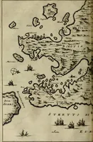 An illustration from Naukeurige beschryving der eilanden, in de archipel der Middelantsche zee, en ontrent dezelve, gelegen : waer onder de voornaemste Cyprus, Rhodus, Kandien, Samos, Scio, Negroponte, Lemnos, Paros, Delos, Patmos, en andere in groten getale, behelzende der zelver benamingen, gelegentheden, steden, kastelen, gedenkwaerdige aeloude en hedendaeghse geschiedenissen, bestieringen, veroveringen, gewassen, dieren, &c. : verrijkt met zee- en eilant-kaerten, en afbeeldingen van steden, dieren, gewassen &c. (1688)